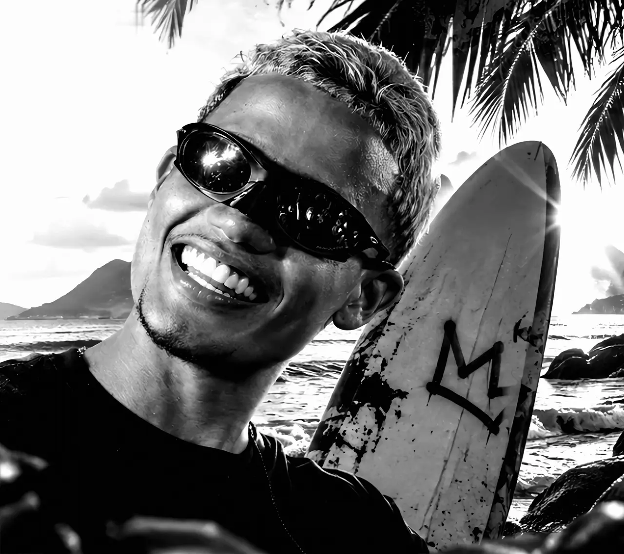 Modelo da campanha Royal Street de óculos escuros, sorrindo, ao lado de uma prancha com a coroa da marca